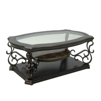 Cocktail Table with Tempered Beveled Glass Top, Marble Paper, Powder-Coated Metal Legs, Desk for Living Room, 52" L x 32" W x 20.5" H, Brown