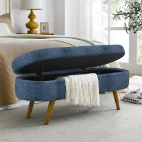Oval Storage Ottoman Bench with Foam Cushion and Sturdy Rubberwood Legs, Multi-Use Footstool for Bedroom, 43.5" L x 16" W x 16" H, Dark Blue(m-4)