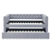 Upholstered Tufted Daybed with Button-Tufted Square Arms, Nailhead Trim, Sofa Bed with Pull-Out Trundle, 85" L x 42.5" W x 31.5" H, Grey(m-8)