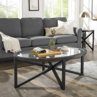 Modern Glass Coffee Table with Solid Wood Tripod Base, Anti-Scratch Curved Edges, Oval Desk for Living Room, 46.5" L x 28.5" W x 18" H, Black(m-4)
