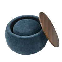 2-in-1 Round Storage Ottoman with Removable Top for Storage, End Table with Eucalyptus Wood Frame, 25" L x 25" W x 15" H, Dark Blue(m-8)