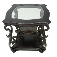 2-Tier Traditional End Table with Powder-Coated Metal Serpentine Legs, Sofa Table with Beveled Glass Top, 26.5" L x 26.5" W x 24" H, Brown(m-9)