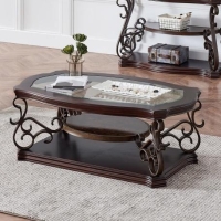 Cocktail Table with Tempered Beveled Glass Top, Marble Paper, Powder-Coated Metal Legs, Desk for Living Room, 52" L x 32" W x 20.5" H, Brown