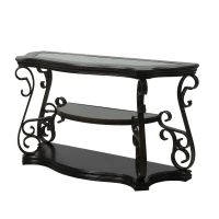 Stylish Sofa Table with Beveled Glass Top, MDF Birch Veneer Middle Shelf, Desk with Powder-Coated Serpentine Legs, 54" L x 20" W x 30" H, Brown(m-8)