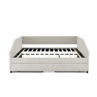 Queen Size Upholstered Daybed with Trundle and Pull-Out Drawers, Sofa Bed with Solid MDF and Plywood Frame, 88" L x 64.5" W x 34" H, Beige(m-8)