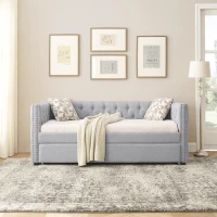 Upholstered Tufted Daybed with Button-Tufted Square Arms, Nailhead Trim, Sofa Bed with Pull-Out Trundle, 85" L x 42.5" W x 31.5" H, Grey(m-4)