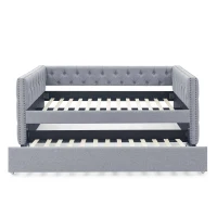 Upholstered Tufted Daybed with Button-Tufted Square Arms, Multi-Functional Sofa Bed with Pull-Out Twin Trundle, 85" L x 57" W x 31.5" H, Grey(m-8)