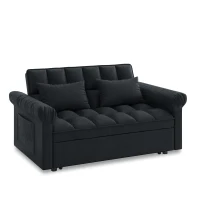 Flannel Loveseat Sofa Bed with Adjustable Back, Plastic Legs, Pull-Out Sleeper with High-Resilience Foam, 56" L x 34" W x 31.5" H, Black(m-9)
