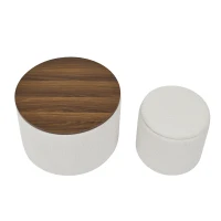 2-Piece Round Chenille Storage Ottoman Set with Hidden Storage, Seat with Drum-Shaped Small Stool, 23.5" L x 23.5" W x 16.5" H, Beige(m-10)