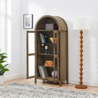 Arched Top Storage Cabinet with LED Light Strip, Adjustable Glass Shelves, Modern Bookcase for Living Room, 30" L x 15.5" W x 67" H, Brown(m-4)