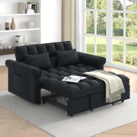 Flannel Loveseat Sofa Bed with Adjustable Back, Plastic Legs, Pull-Out Sleeper with High-Resilience Foam, 56" L x 34" W x 31.5" H, Black(m-1)
