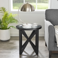 Modern Round Glass Coffee Table with Tempered Glass Top, Solid Poplar Wood Tripod Base, Desk for Living Room, 22" L x 22" W x 22" H, Black