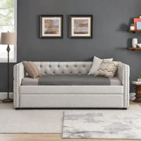 Twin Daybed with Trundle, Button Tufting and Nailhead Trim, Sofa Bed with Foam-Padded Back and Arms, 85" L x 42.5" W x 31.5" H, Beige(m-1)