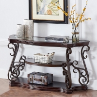 Stylish Sofa Table with Beveled Glass Top, MDF Birch Veneer Middle Shelf, Desk with Powder-Coated Serpentine Legs, 54" L x 20" W x 30" H, Brown