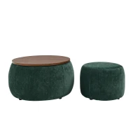 2-in-1 Round Storage Ottoman with Removable Top for Storage, End Table with Eucalyptus Wood Frame, 25" L x 25" W x 15" H, Green(m-2)