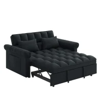 Flannel Loveseat Sofa Bed with Adjustable Back, Plastic Legs, Pull-Out Sleeper with High-Resilience Foam, 56" L x 34" W x 31.5" H, Black(m-10)