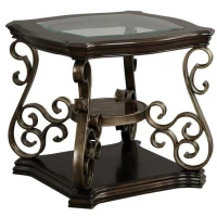 2-Tier Traditional End Table with Powder-Coated Metal Serpentine Legs, Sofa Table with Beveled Glass Top, 26.5" L x 26.5" W x 24" H, Brown(m-8)