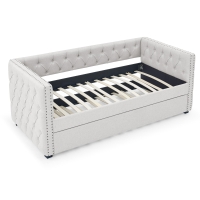 Twin Daybed with Trundle, Button Tufting and Nailhead Trim, Sofa Bed with Foam-Padded Back and Arms, 85" L x 42.5" W x 31.5" H, Beige