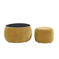 2-in-1 Round Storage Ottoman with Removable Top for Storage, End Table with Eucalyptus Wood Frame, 25" L x 25" W x 15" H, Dark Yellow(m-2)