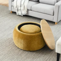 2-in-1 Round Storage Ottoman with Removable Top for Storage, End Table with Eucalyptus Wood Frame, 25" L x 25" W x 15" H, Dark Yellow(m-5)