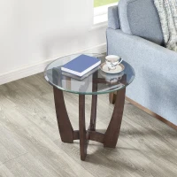 23.5" Round Tempered Coffee Table with Scratch-Resistant Glass Top, Solid Wood Frame with Quick Assembly, 23.5'' L x 23.5'' W x 23.5'' H, Cherry(m-1)