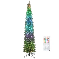HOMCOM 7.5ft Christmas Tree with Colourful DIY Synchronized LEDs, Hinged Pencil Xmas Tree with Remote, Daily Timer, Green(m-11)