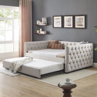 Upholstered Tufted Daybed with Pull-Out Trundle, Foam-Padded Back and Arms, Sofa Bed for Compact Room, 85" L x 57" W x 31.5" H, Beige(m-5)
