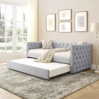 Upholstered Tufted Daybed with Button-Tufted Square Arms, Nailhead Trim, Sofa Bed with Pull-Out Trundle, 85" L x 42.5" W x 31.5" H, Grey(m-5)