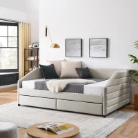 Queen Size Upholstered Daybed with Trundle and Pull-Out Drawers, Sofa Bed with Solid MDF and Plywood Frame, 88" L x 64.5" W x 34" H, Beige(m-4)