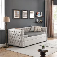 Twin Daybed with Trundle, Button Tufting and Nailhead Trim, Sofa Bed with Foam-Padded Back and Arms, 85" L x 42.5" W x 31.5" H, Beige(m-4)