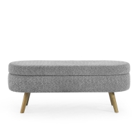Oval Storage Ottoman Bench with Foam Cushion and Sturdy Rubberwood Legs, Multi-Use Footstool for Bedroom, 43.5" L x 16" W x 16" H, Grey