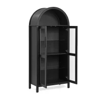 Arched Top Storage Cabinet with LED Light Strip, Adjustable Glass Shelves, Modern Bookcase for Living Room, 30" L x 15.5" W x 67" H, Black(m-9)