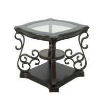 2-Tier Traditional End Table with Powder-Coated Metal Serpentine Legs, Sofa Table with Beveled Glass Top, 26.5" L x 26.5" W x 24" H, Brown(m-2)