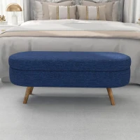 Oval Storage Ottoman Bench with Foam Cushion and Sturdy Rubberwood Legs, Multi-Use Footstool for Bedroom, 43.5" L x 16" W x 16" H, Blue(m-4)