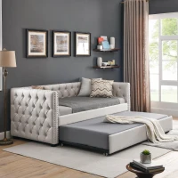 Twin Daybed with Trundle, Button Tufting and Nailhead Trim, Sofa Bed with Foam-Padded Back and Arms, 85" L x 42.5" W x 31.5" H, Beige(m-5)