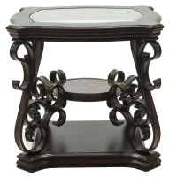2-Tier Traditional End Table with Powder-Coated Metal Serpentine Legs, Sofa Table with Beveled Glass Top, 26.5" L x 26.5" W x 24" H, Brown(m-7)
