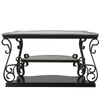 Stylish Sofa Table with Beveled Glass Top, MDF Birch Veneer Middle Shelf, Desk with Powder-Coated Serpentine Legs, 54" L x 20" W x 30" H, Brown(m-9)