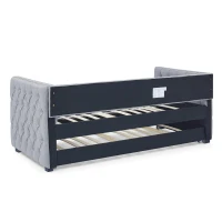 Upholstered Tufted Daybed with Button-Tufted Square Arms, Nailhead Trim, Sofa Bed with Pull-Out Trundle, 85" L x 42.5" W x 31.5" H, Grey(m-10)