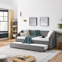 Twin Size Daybed with Pull-Out Trundle and Wingback Arms, Sofa Bed with Diamond-Tufted Backrest, 82.5" L x 42.5" W x 34" H, Grey(m-4)