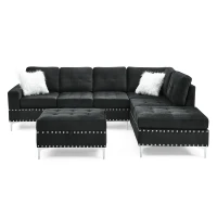 3-Seater Sectional Sofa with Reversible Chaise, Storage Ottoman and Metal Legs, Sofa Bed with Rivet Accents, 107.5" L x 80.5" W x 36" H, Black(m-2)