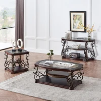 Stylish Sofa Table with Beveled Glass Top, MDF Birch Veneer Middle Shelf, Desk with Powder-Coated Serpentine Legs, 54" L x 20" W x 30" H, Brown(m-4)