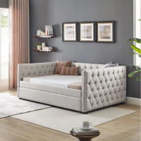 Upholstered Tufted Daybed with Pull-Out Trundle, Foam-Padded Back and Arms, Sofa Bed for Compact Room, 85" L x 57" W x 31.5" H, Beige(m-4)