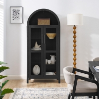 Arched Top Storage Cabinet with LED Light Strip, Adjustable Glass Shelves, Modern Bookcase for Living Room, 30" L x 15.5" W x 67" H, Black