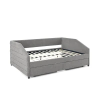 Queen Size Upholstered Daybed with Pull-Out Trundle and Storage Drawers, Assembly Required with All Tools, 88" L x 64.5" W x 34" H, Grey(m-2)