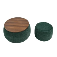 2-in-1 Round Storage Ottoman with Removable Top for Storage, End Table with Eucalyptus Wood Frame, 25" L x 25" W x 15" H, Green(m-9)