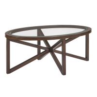 Modern Glass Coffee Table with Solid Wood Tripod Base, Anti-Scratch Curved Edges, Oval Desk for Living Room, 46.5" L x 28.5" W x 18" H, Cherry
