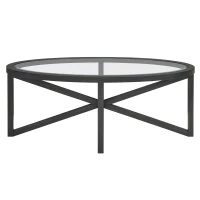 Modern Glass Coffee Table with Solid Wood Tripod Base, Anti-Scratch Curved Edges, Oval Desk for Living Room, 46.5" L x 28.5" W x 18" H, Black(m-9)