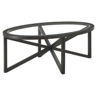 Modern Glass Coffee Table with Solid Wood Tripod Base, Anti-Scratch Curved Edges, Oval Desk for Living Room, 46.5" L x 28.5" W x 18" H, Black
