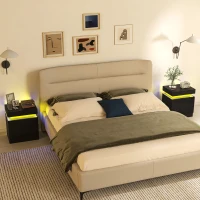 HOMCOM Nightstand Set of 2, End Side Tables with LED Lights, Bedside Tables with 2 Drawers, for Bedroom, Black(m-8)