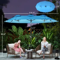 Outsunny Double-sided Patio Umbrella, 9.7' Outdoor Umbrella with Tilt and Crank, LED Solar Light and 12 Ribs, Light Blue(m-3)